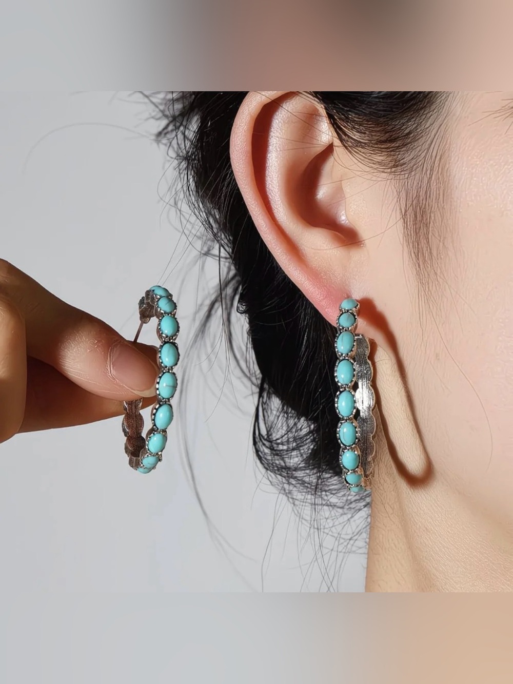 Anthropologie Turquoise-Blue Stone Hoop Earrings - Silver Tone